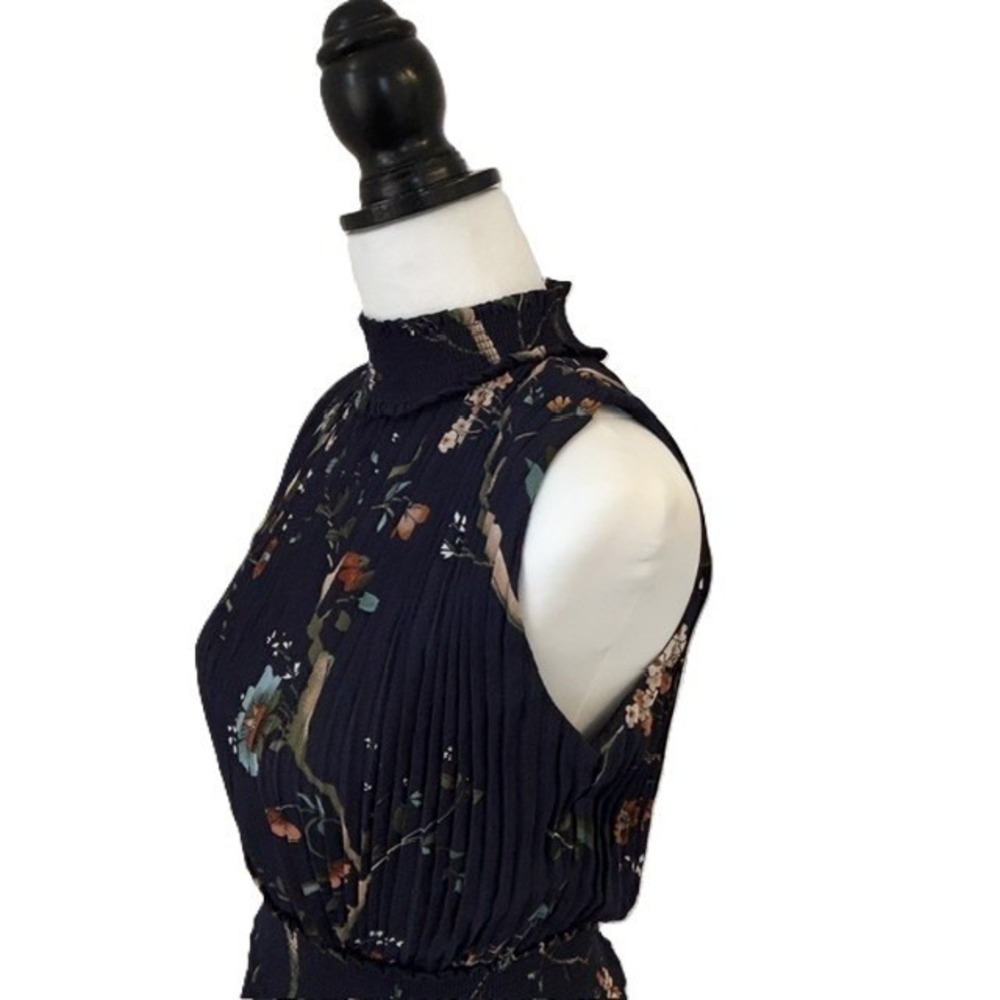 Nanette Lepore Pleated Midi Dress Women 6 Navy Blue Floral Smocked Waist - Picture 14 of 15
